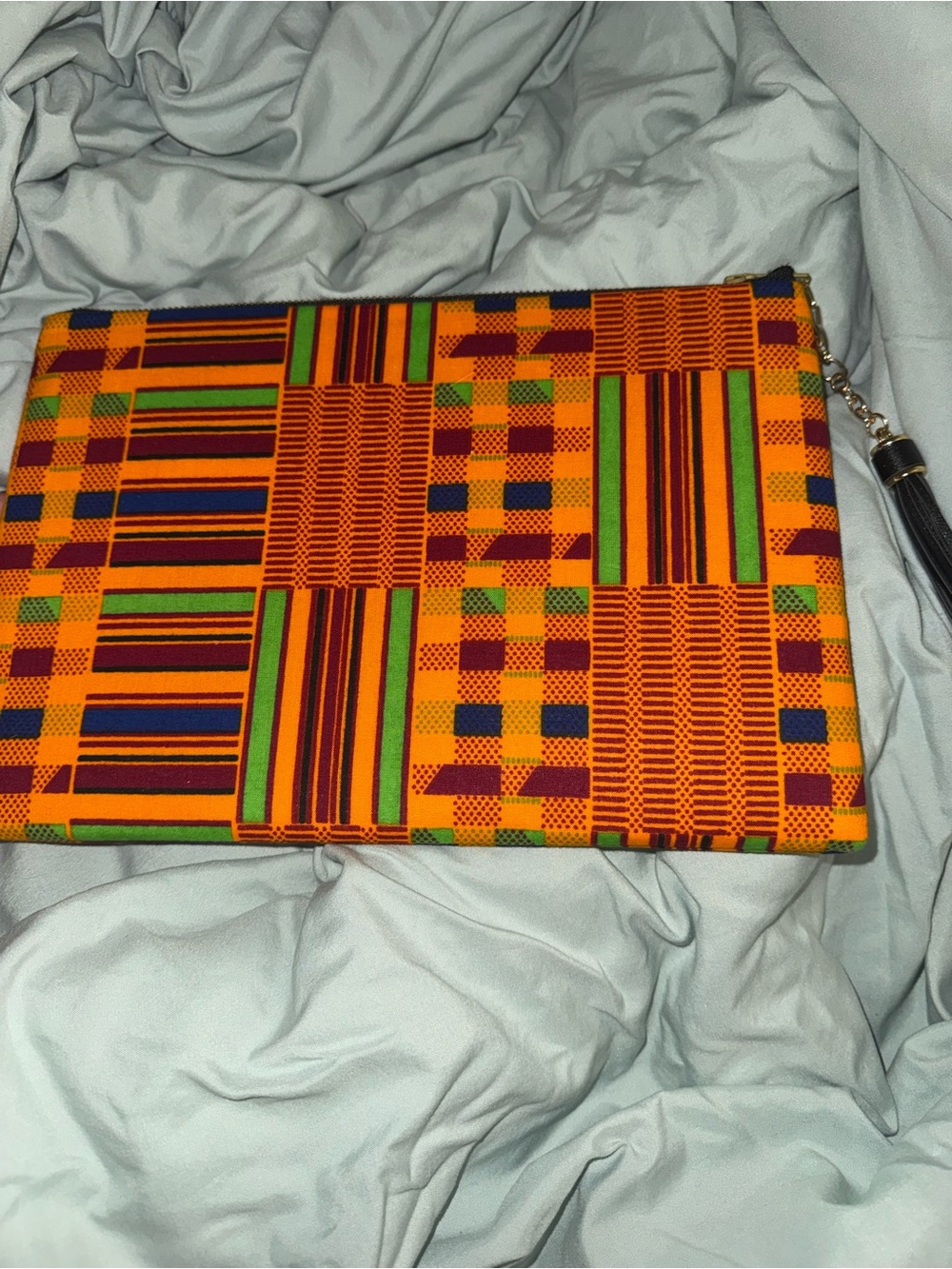 Vibrant Kente-Print Wristlet Clutch in Orange, Green & Blue